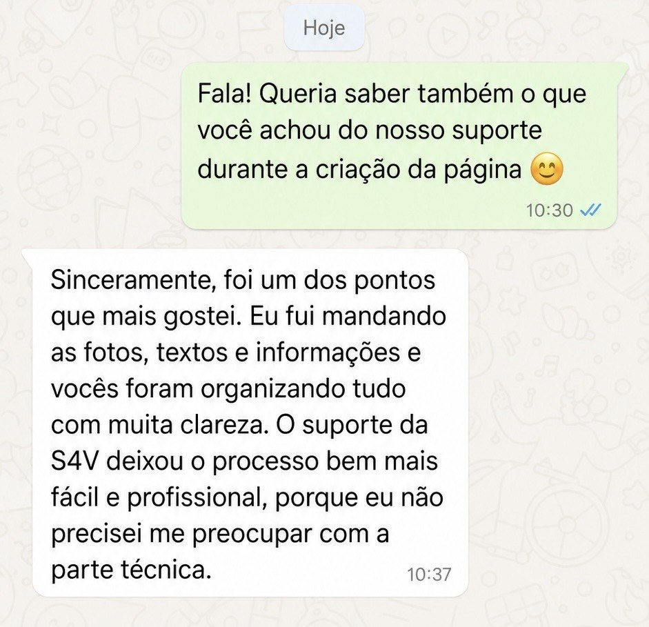 Feedback real sobre suporte da S4V na criação da página